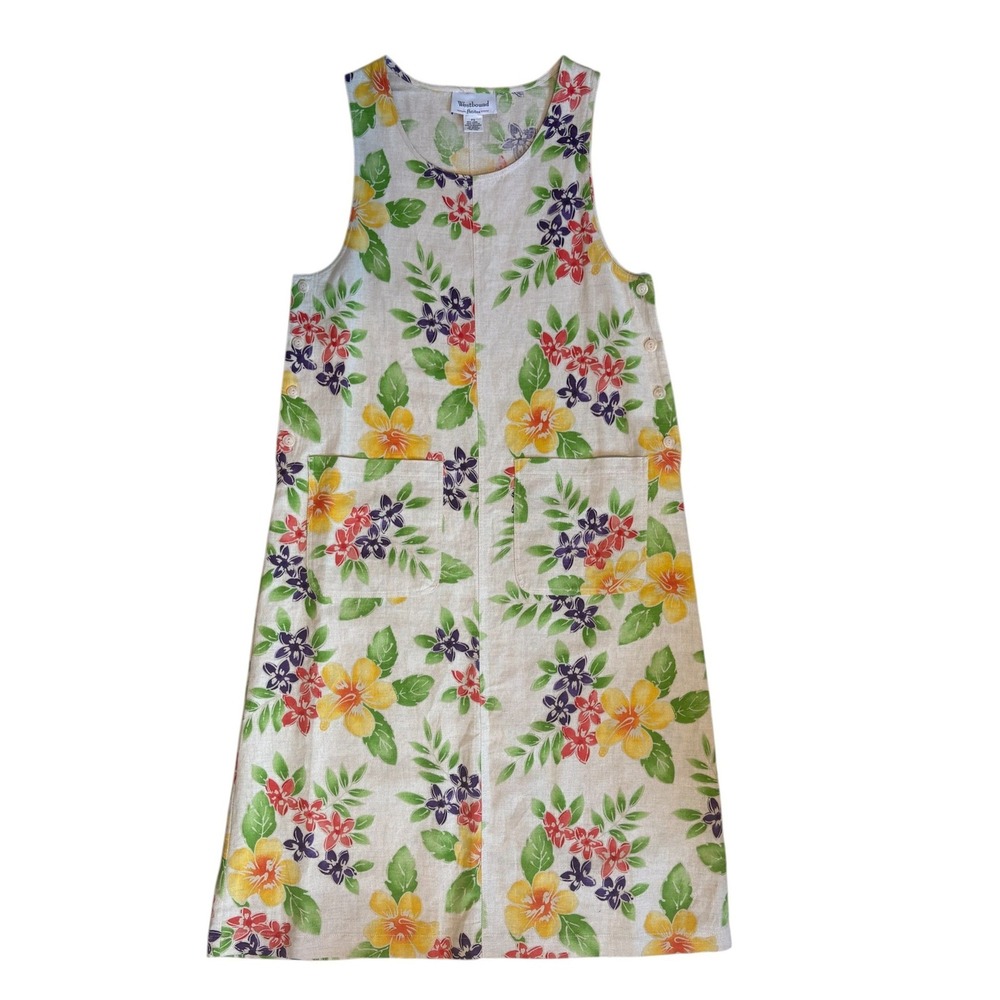 Westbound Petites Linen Cotton Floral Pinafore Jumper Dress Beige Yellow PS‎
